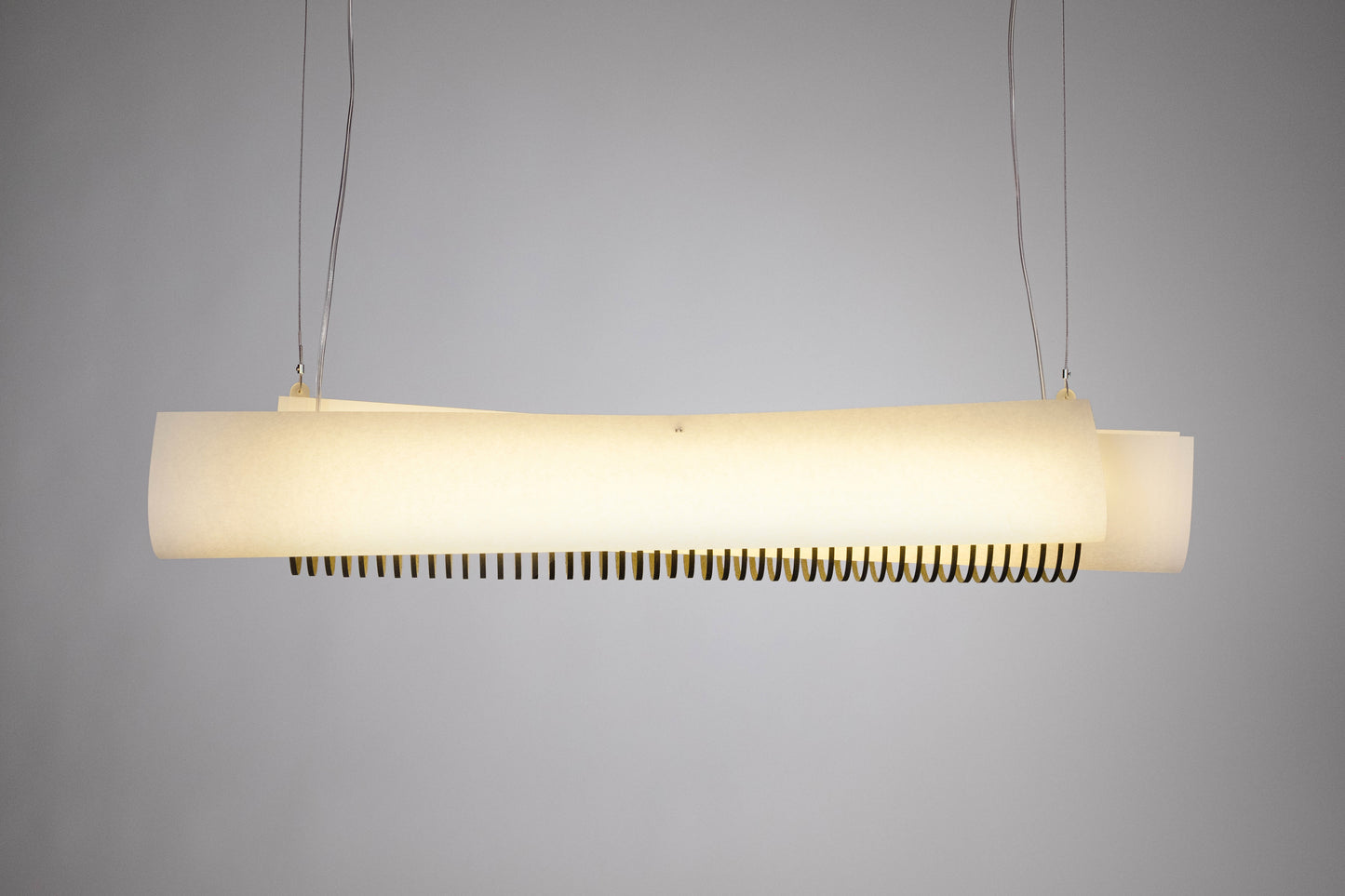 Back view of the TEX002 pendant lamp, elegantly floating in space with a sophisticated architectural form, ideal for hotels, dining spaces, and offices.