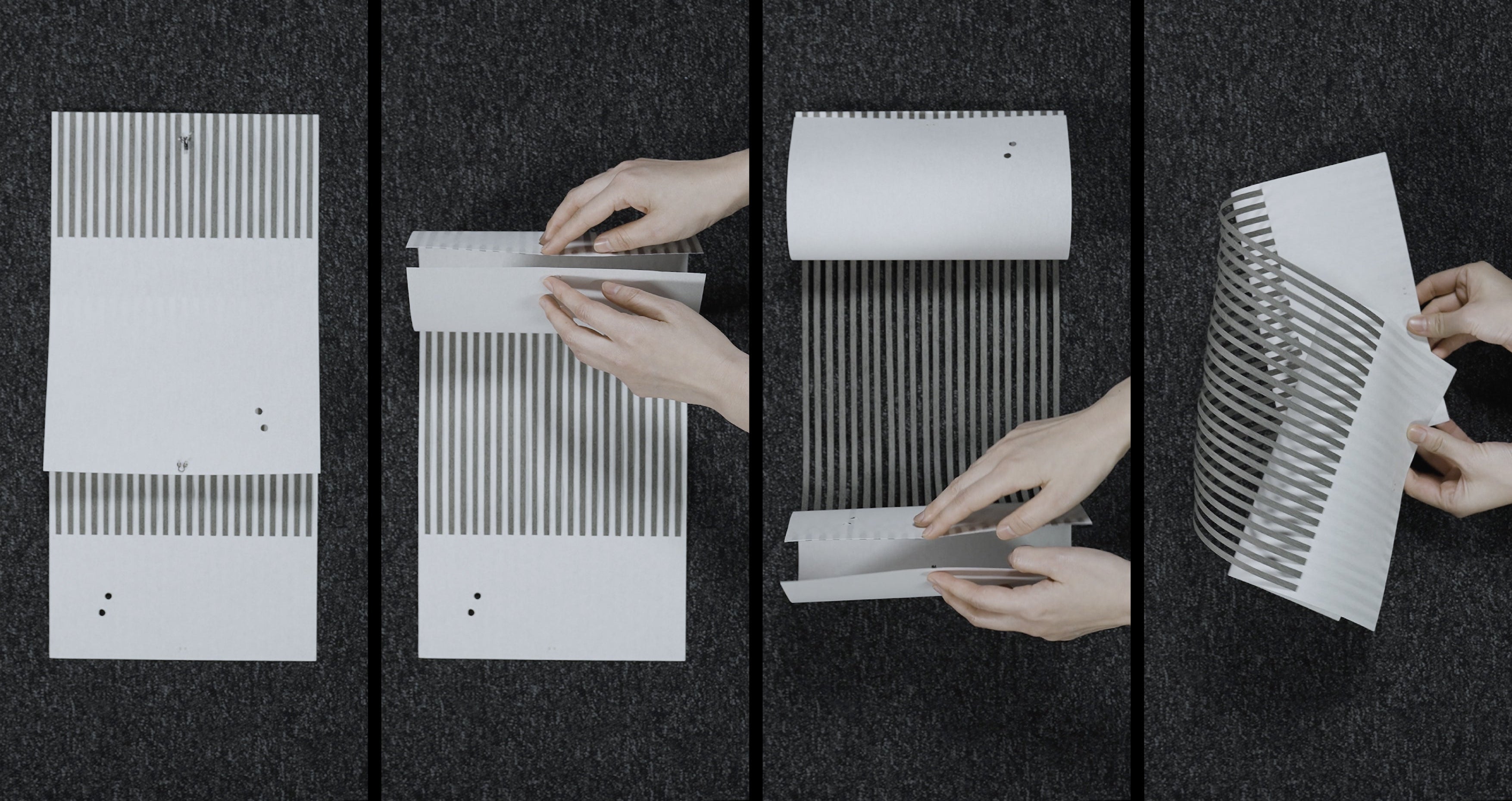 The TEX003 floor lamp’s double-weave structure in the process of transforming from 2D to 3D, showcasing the innovative design behind this unique lampshade.