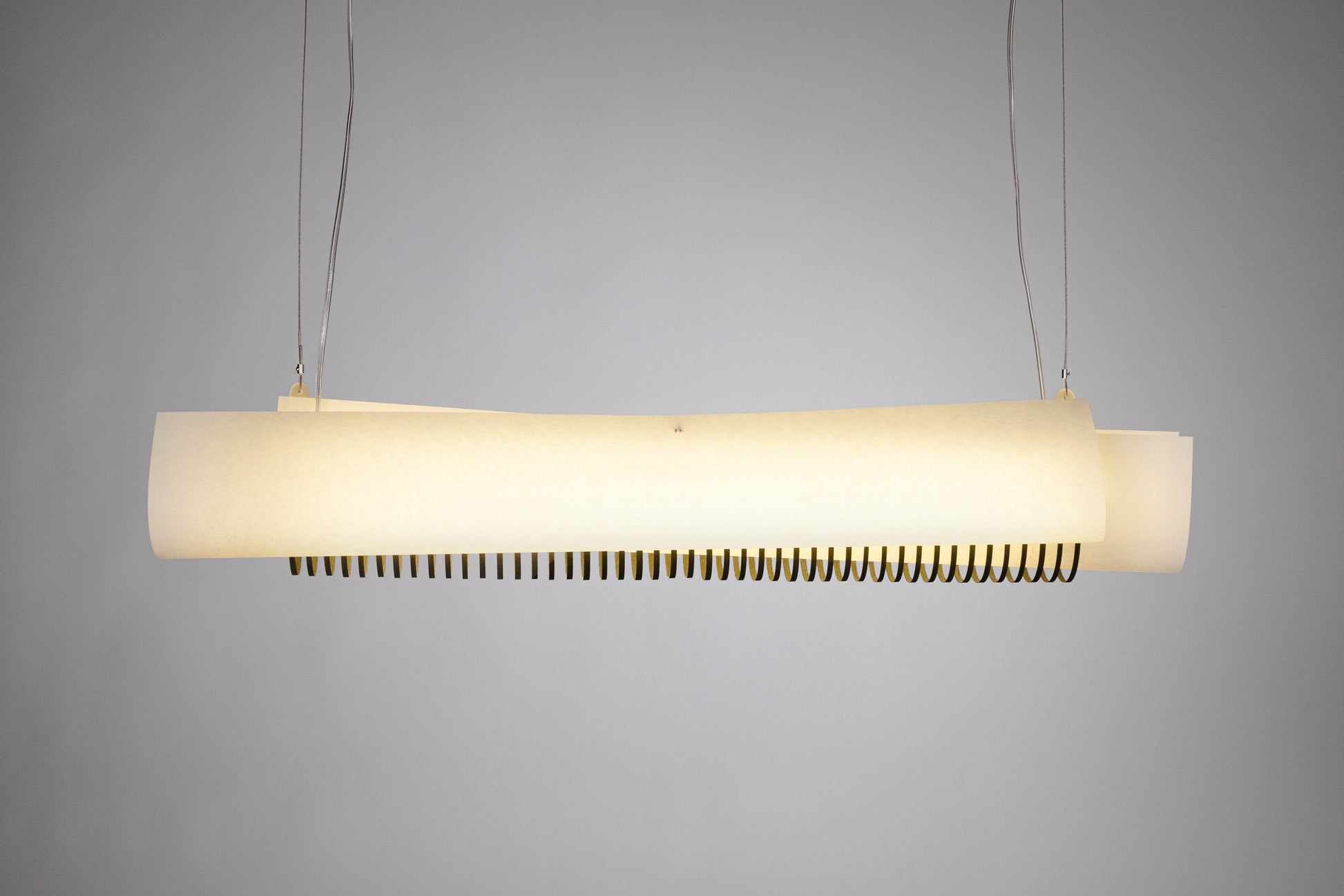 Back view of the TEX002 pendant lamp, elegantly floating in space with a sophisticated architectural form, ideal for hotels, dining spaces, and offices.