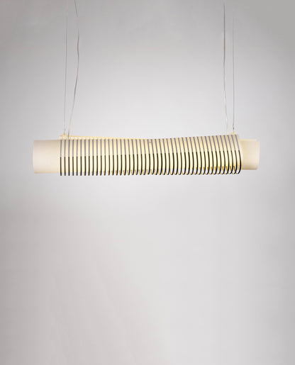 TEX002 pendant lamp illuminated, showcasing its elegant, wide yet slim form with a refined handwoven paper lampshade and soft, even lighting.