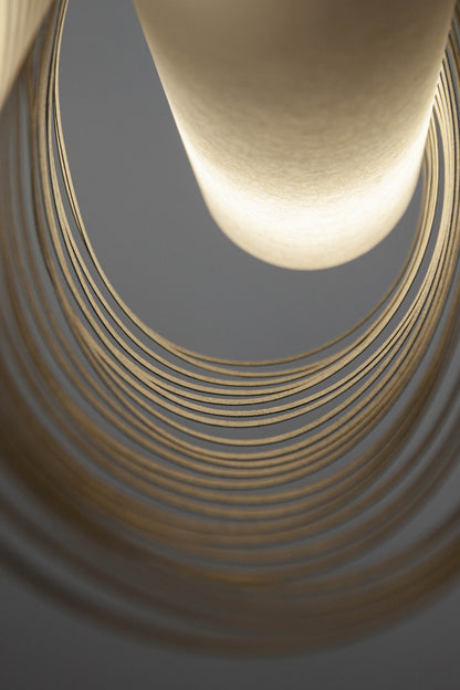 Close-up of the TEX003 pendant lamp, showcasing its intricate geometric design and neatly aligned stripes on the refined handwoven paper lampshade.